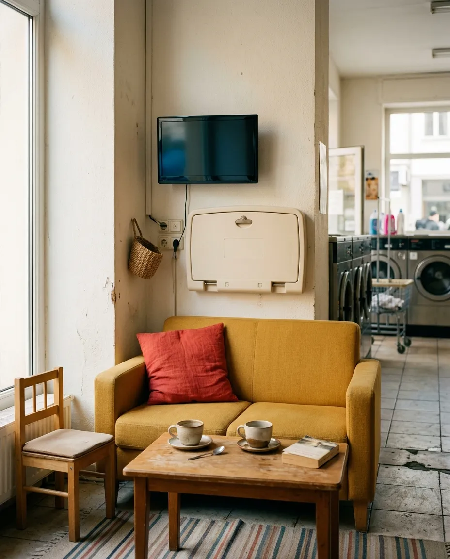 Canto dos sofás da Lavandaria Splashwash com televisão, máquina de café e fraldário