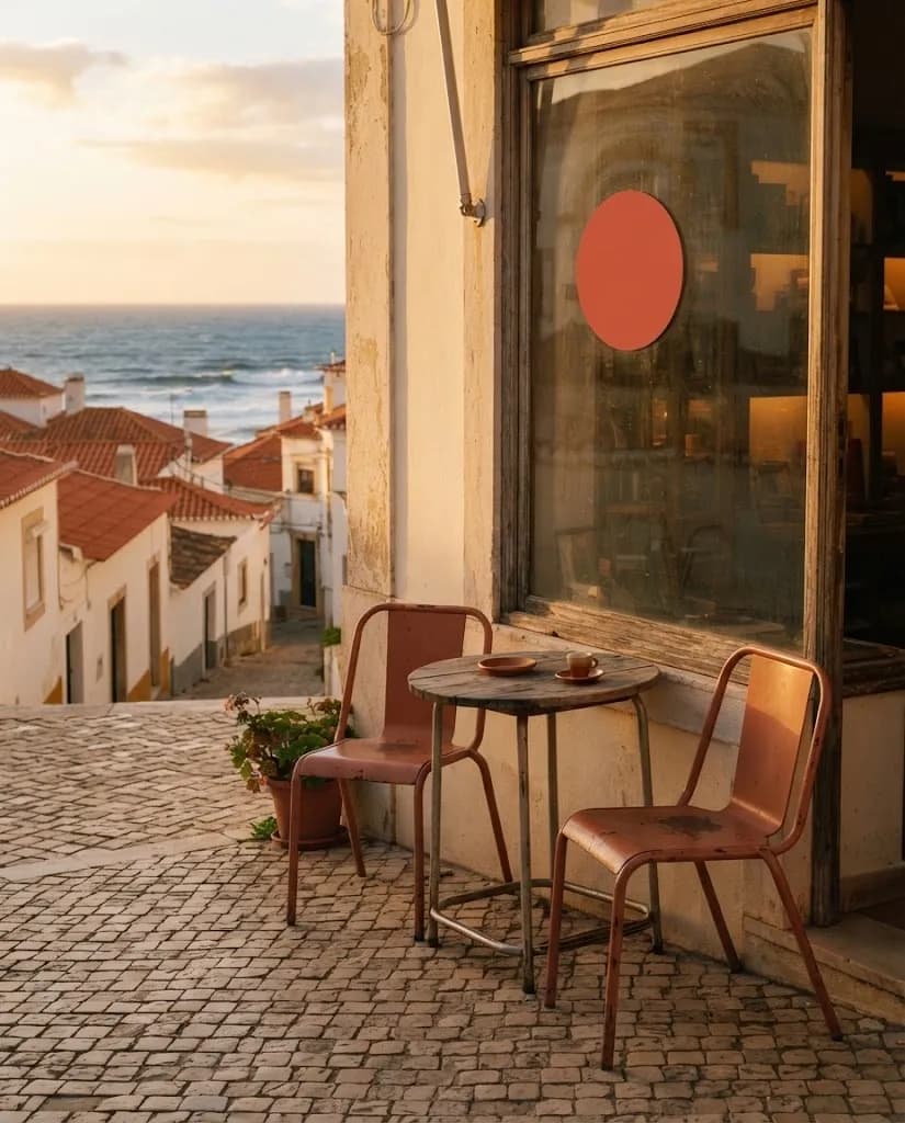 Pequena esplanada à porta da lavandaria com duas cadeiras e vista sobre os telhados de Paço de Arcos