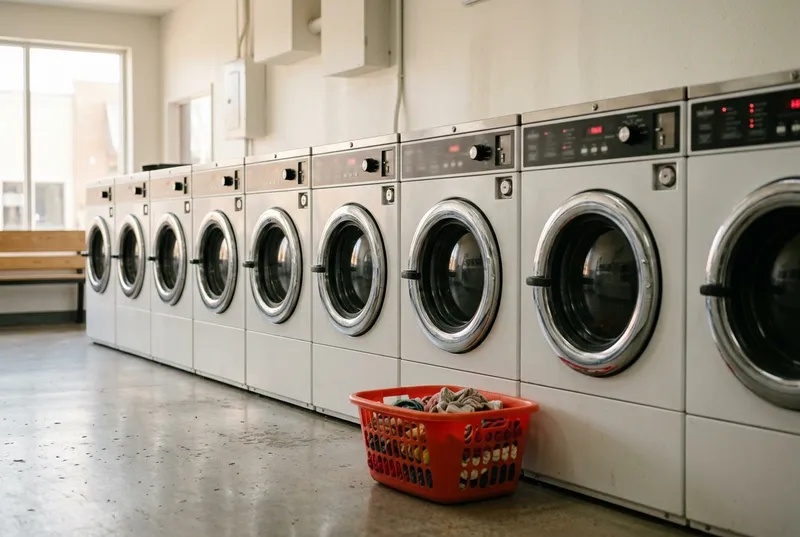 Fila de máquinas Miele Professional com luzes vermelhas de programa