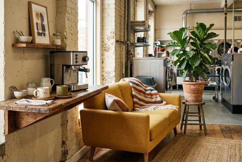 Máquina de café e sofá no canto de espera