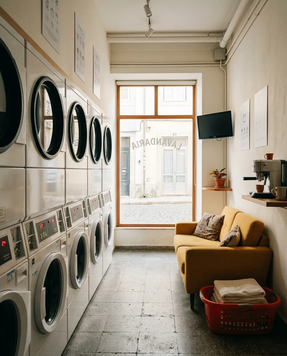 Interior da Lavandaria Splashwash em Paço de Arcos: fila de máquinas Miele Professional de lavar e secar com o canto dos sofás junto à janela