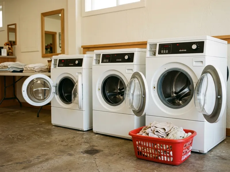 Três máquinas Miele de tamanhos diferentes lado a lado com as portas abertas
