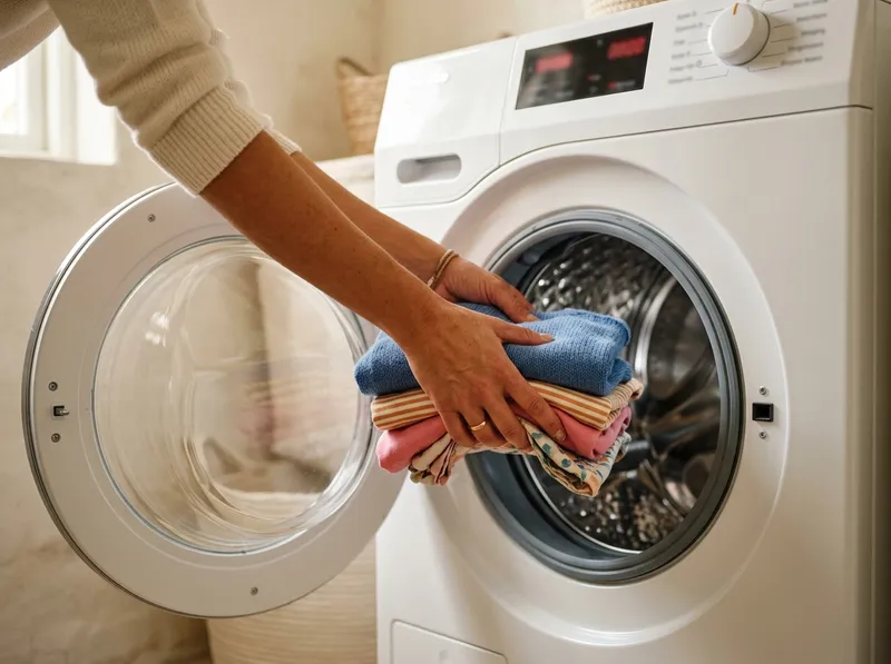 Tambor aberto de uma máquina Miele Professional a ser carregado com roupa colorida